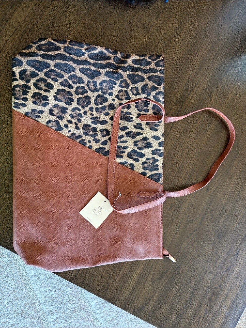 Leopard Print and Brown Leather-Trim Tote Bag